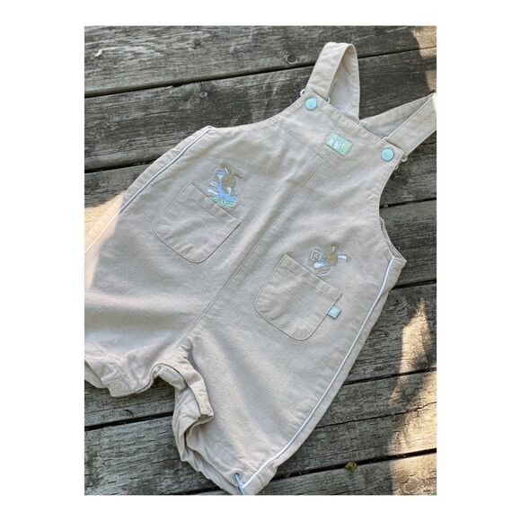 Kimbaloo Shortalls Overalls Linen Cotton Bunnies Sz 12M Easter Pastel - Picture 2 of 13